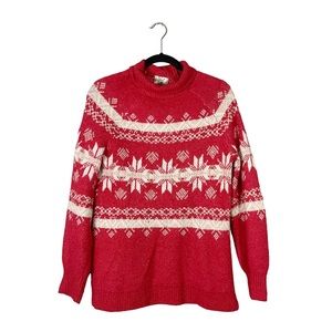 Hippie Rose Red White Winter Christmas Mock Cowl Neck Knit Sweater Size Medium